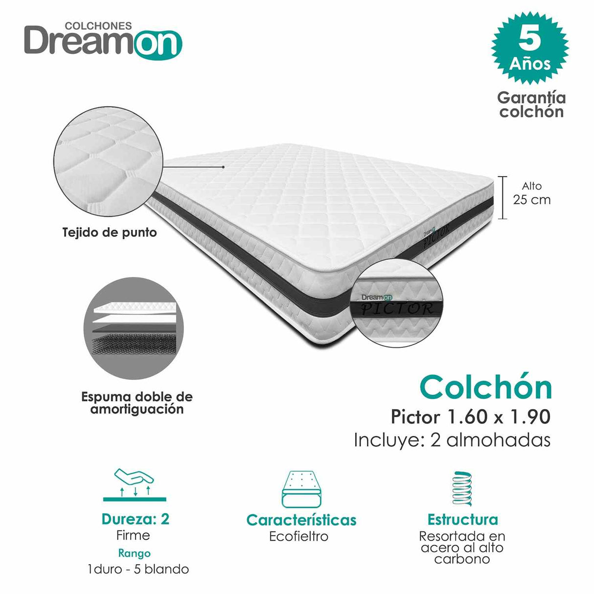 Combo Colchón Pictor Blanco Queen 160 X 190 Cm Medio Firme e Hipoalergénico