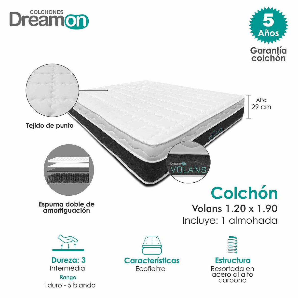 Combo Colchón Volans Blanco Semidoble 120 X 190 Cm Medio e Hipoalergénico