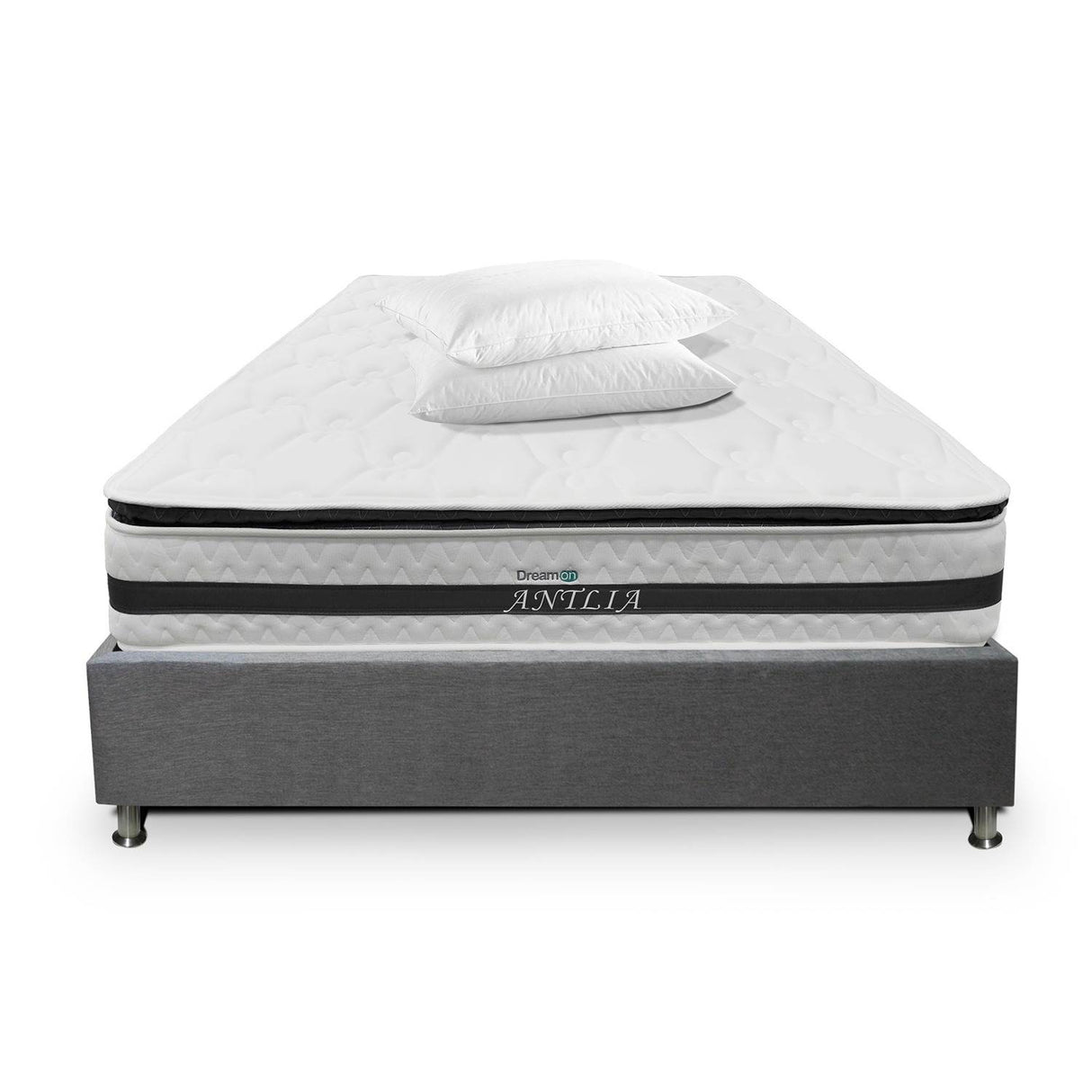 Combo Base Cama y Colchón DreamOn Antlia Gris Doble 140 cm Rectangular con Dos Almohadas