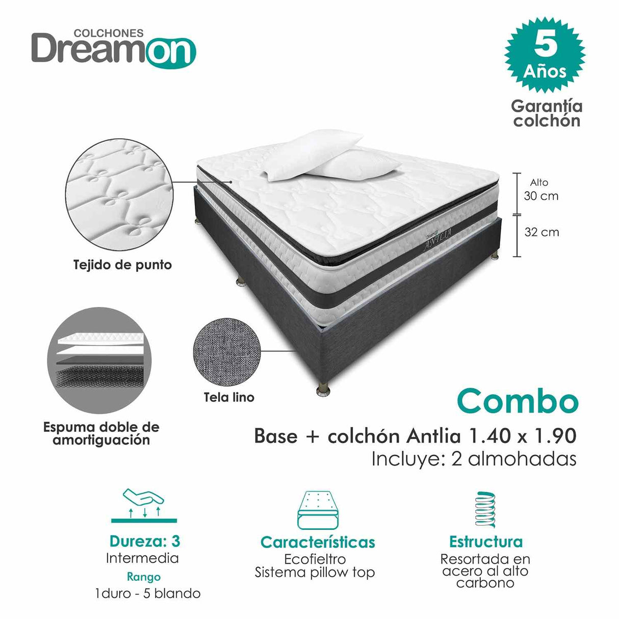 Combo Base Cama y Colchón DreamOn Antlia Gris Doble 140 cm Rectangular con Dos Almohadas