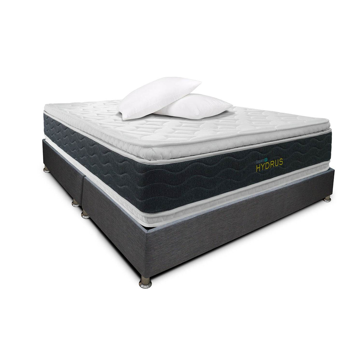 Combo Base Cama y Colchón DreamOn Hydrus Gris Queen 160 cm Rectangular con Dos Almohadas