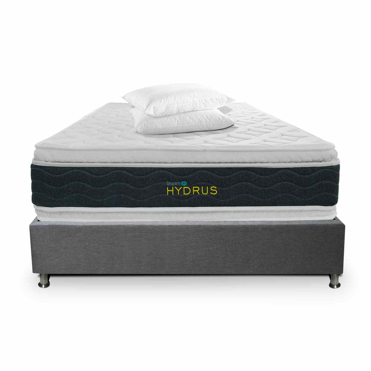 Combo Base Cama y Colchón DreamOn Hydrus Gris Queen 160 cm Rectangular con Dos Almohadas
