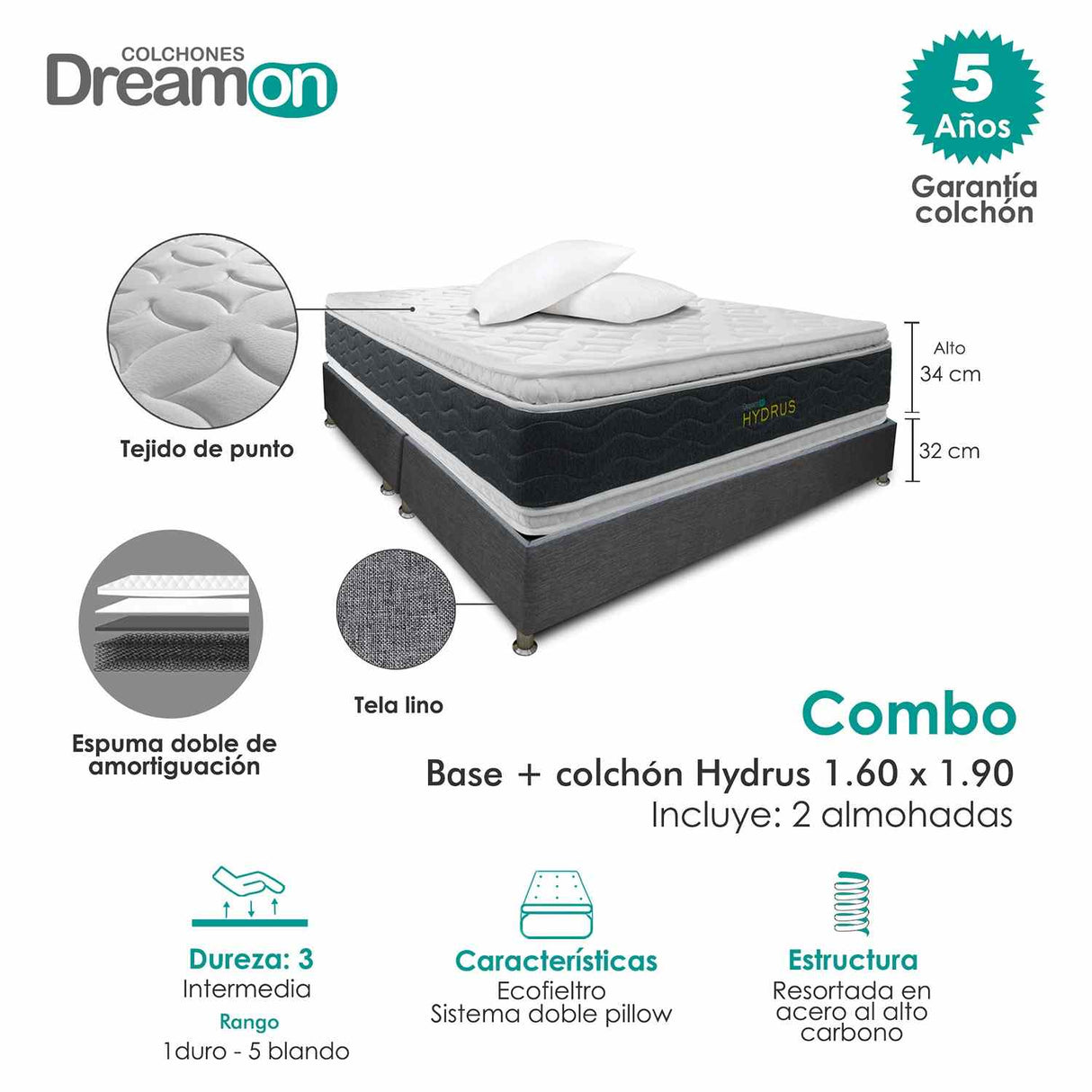 Combo Base Cama y Colchón DreamOn Hydrus Gris Queen 160 cm Rectangular con Dos Almohadas