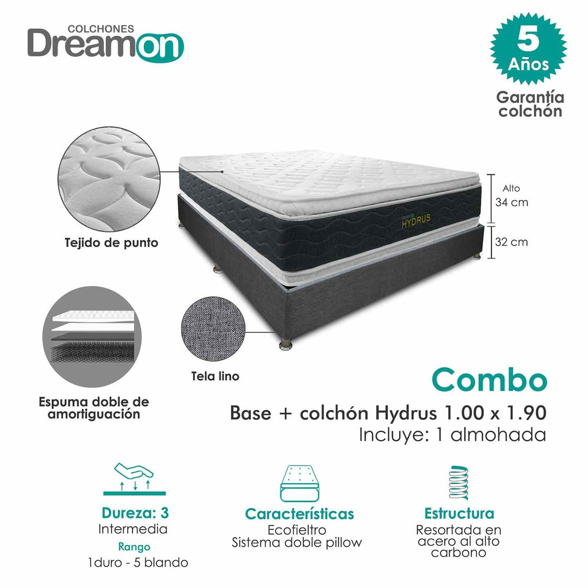 Combo Base Cama y Colchón DreamOn Hydrus Gris Sencilla 100 cm Rectangular con Una Almohada
