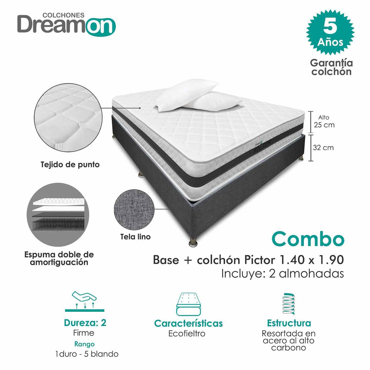Combo Base Cama y Colchón DreamOn Pictor Gris Doble 140 cm Rectangular con Dos Almohadas