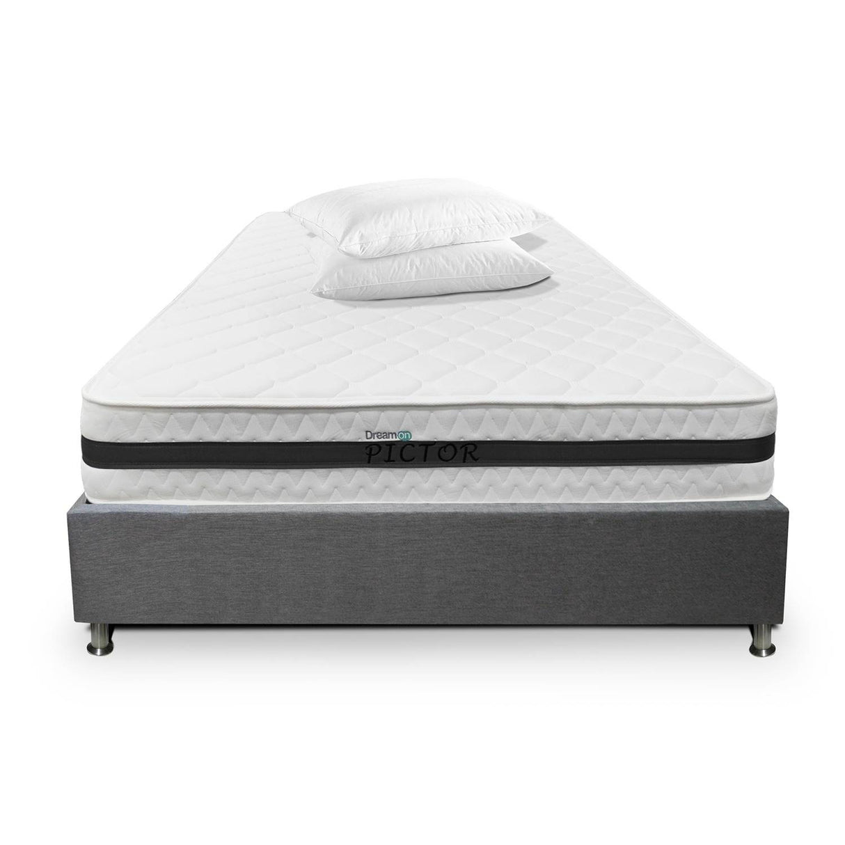 Combo Base Cama y Colchón DreamOn Pictor Gris King 200 cm Rectangular con Dos Almohadas