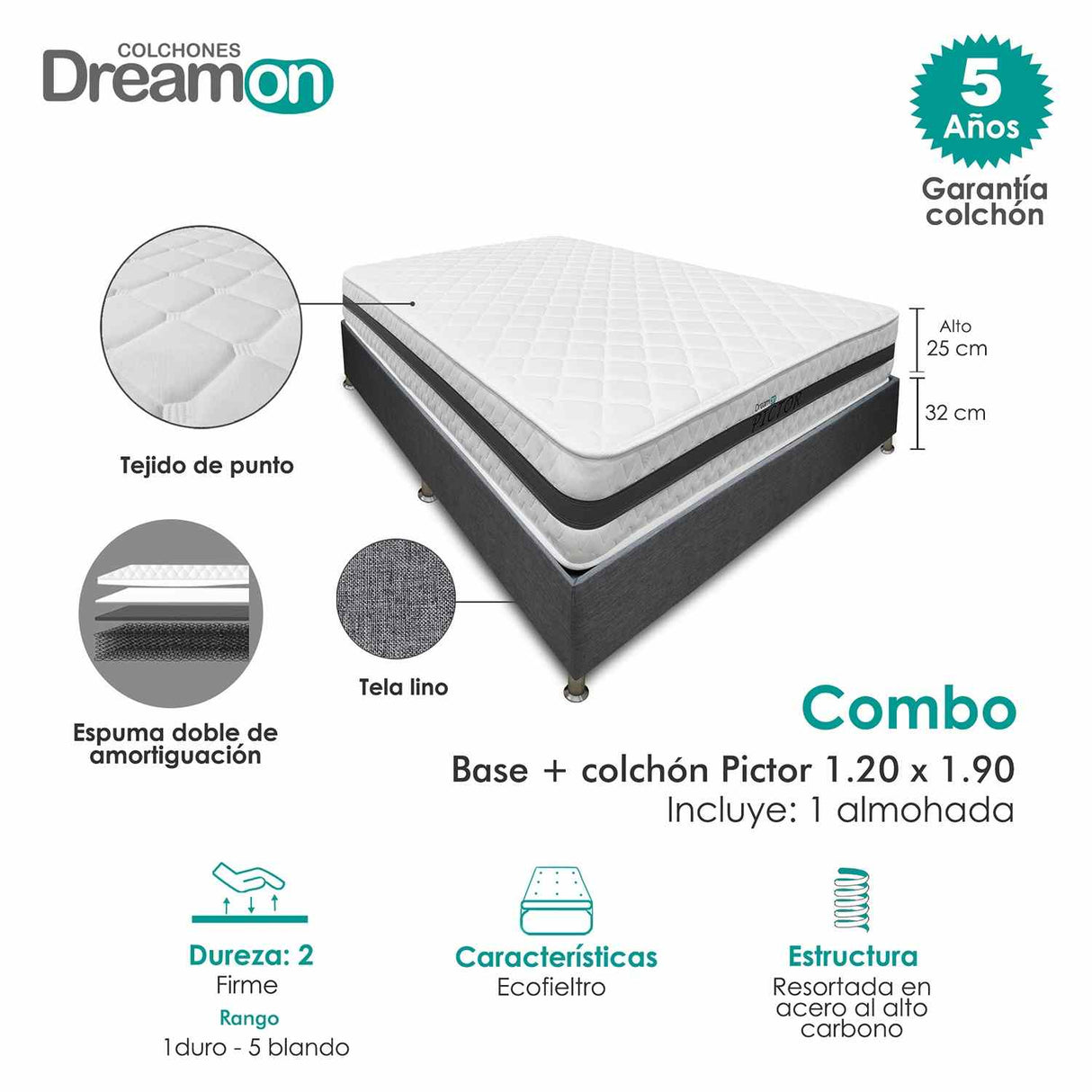 Combo Base Cama y Colchón DreamOn Pictor Gris Semidoble 120 cm Rectangular con Una Almohada