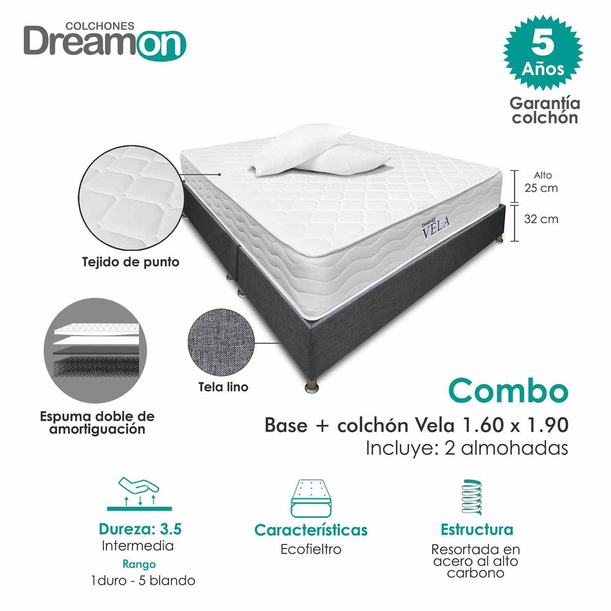 Combo Base Cama y Colchón DreamOn Vela Gris Queen 160 cm Rectangular con Dos Almohadas