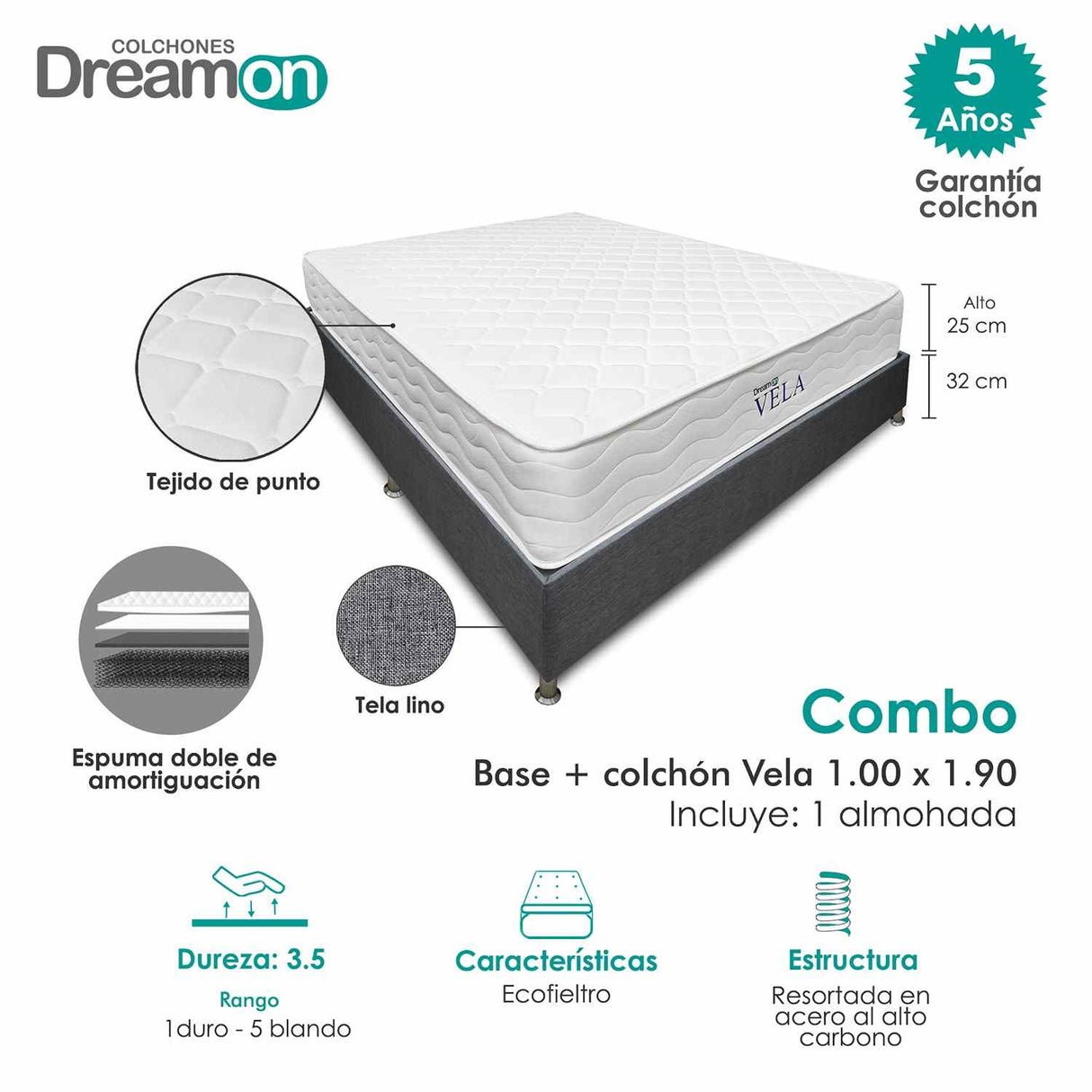 Combo Base Cama y Colchón DreamOn Vela Gris Sencilla 100 cm Rectangular con Una Almohada