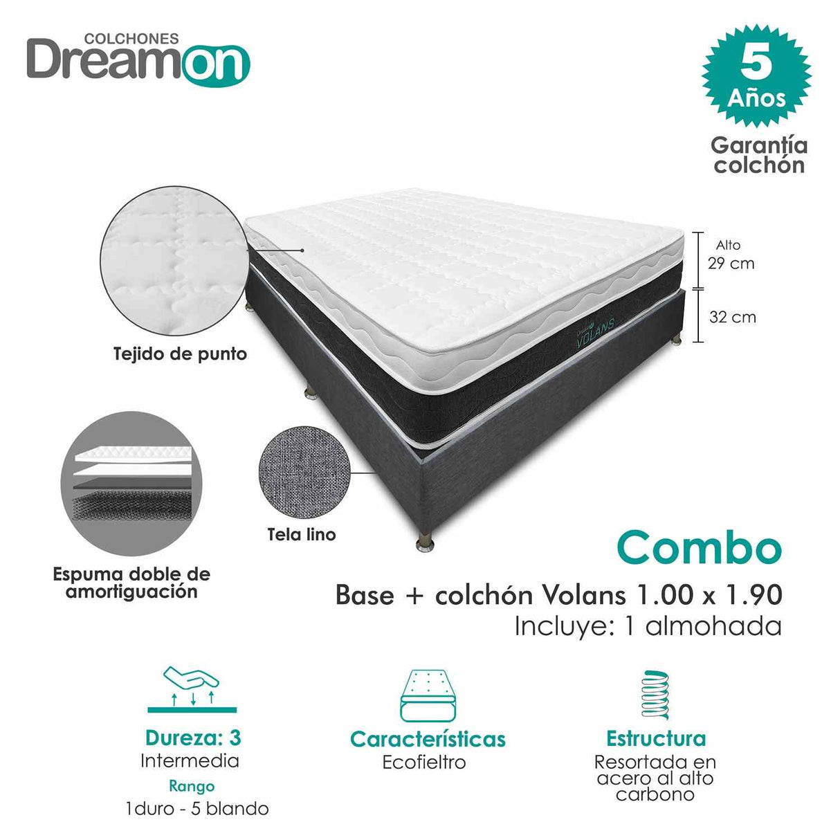 Combo Base Cama y Colchón DreamOn Volans Gris Sencilla 100 cm Rectangular con Una Almohada