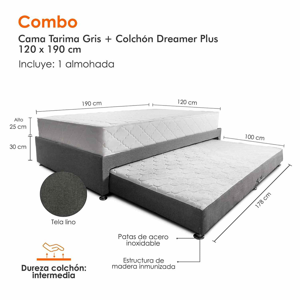 Combo Cama Tarima y Colchón Dreamer Gris Semidoble 120 cm Rectangular con Una Almohada
