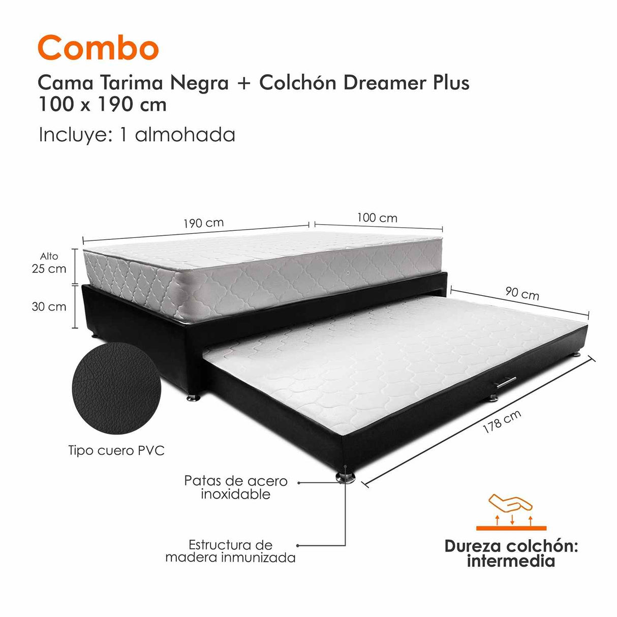 Combo Cama Tarima y Colchón Dreamer Negro Sencilla 100 cm Rectangular con Una Almohada