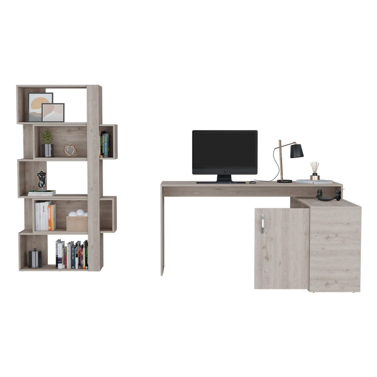Combo Escritorio y Biblioteca Cambridge Ceniza 152x162cm sin Cajones y con Organizador de Libros - Combos Oficina | Bylmo