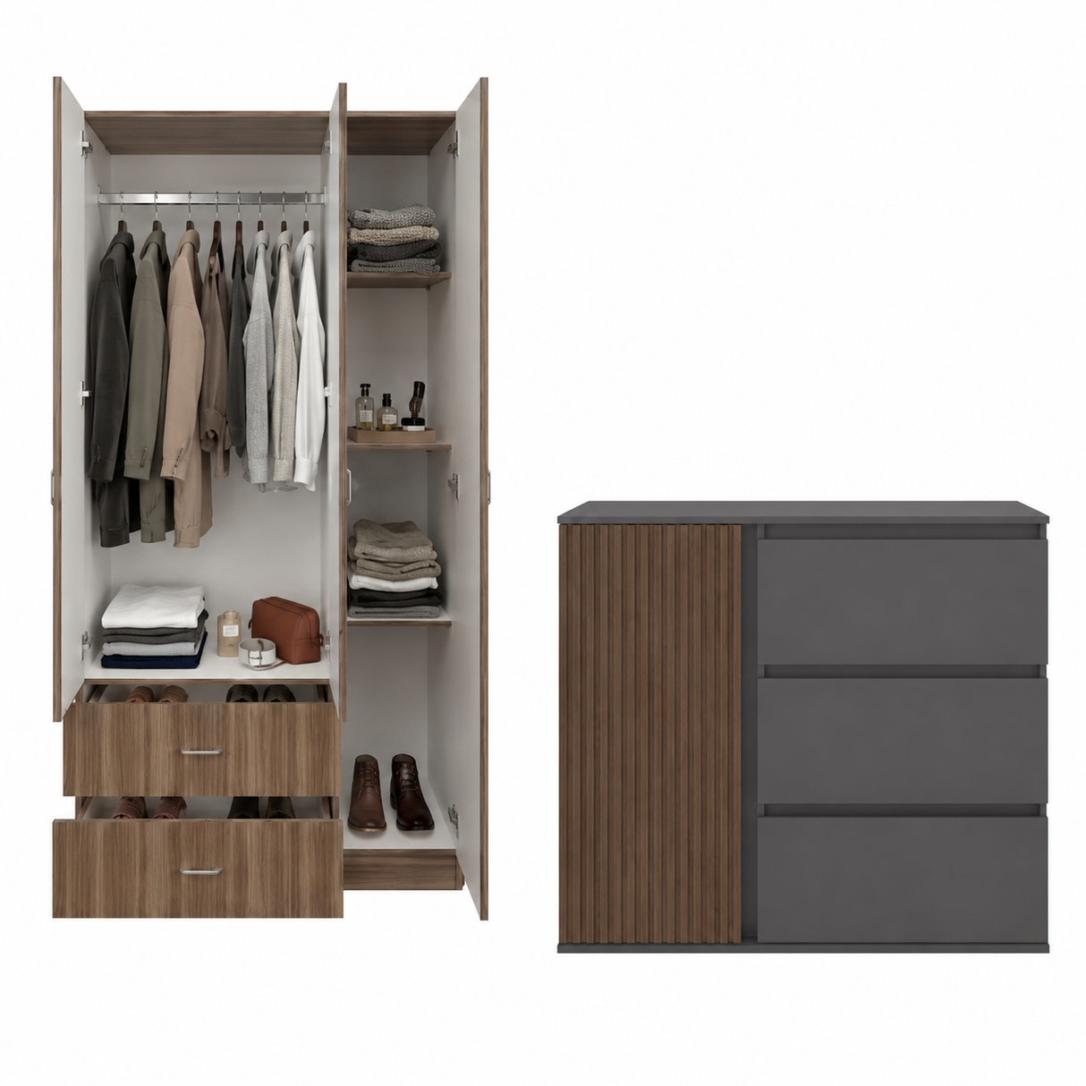 Combo Closet Austral Avellana y Cómoda Bowie Plomo