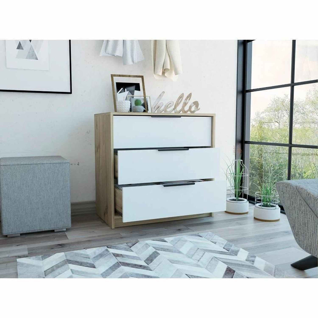 Cómoda Kaia Duna y Blanco 68.7x70cm De Tres Hileras con Tres Cajones - Cajoneras | Bylmo
