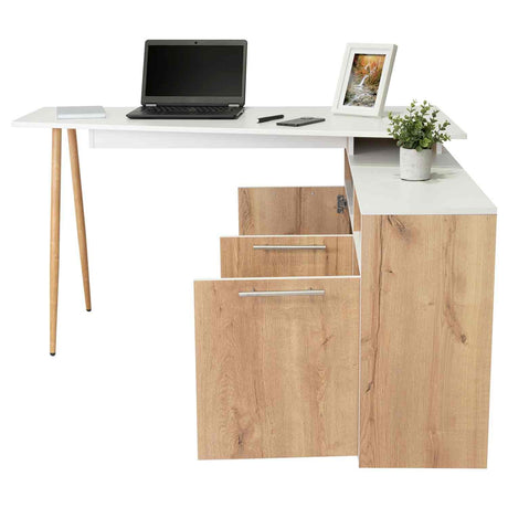 Escritorio en L Singapur Duna y Blanco 130x130cm sin Cajones y con Organizador de Libros - Escritorios | Bylmo