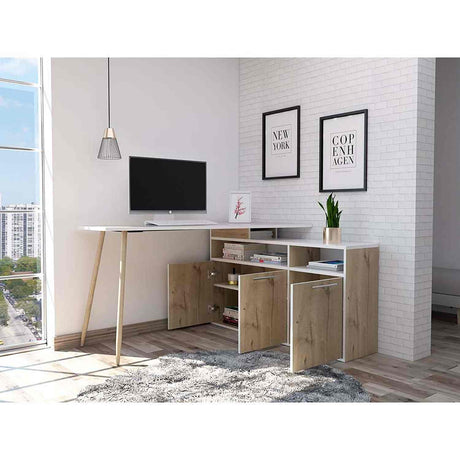 Escritorio en L Singapur Duna y Blanco 130x130cm sin Cajones y con Organizador de Libros - Escritorios | Bylmo