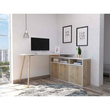 Escritorio en L Singapur Duna y Blanco 130x130cm sin Cajones y con Organizador de Libros - Escritorios | Bylmo