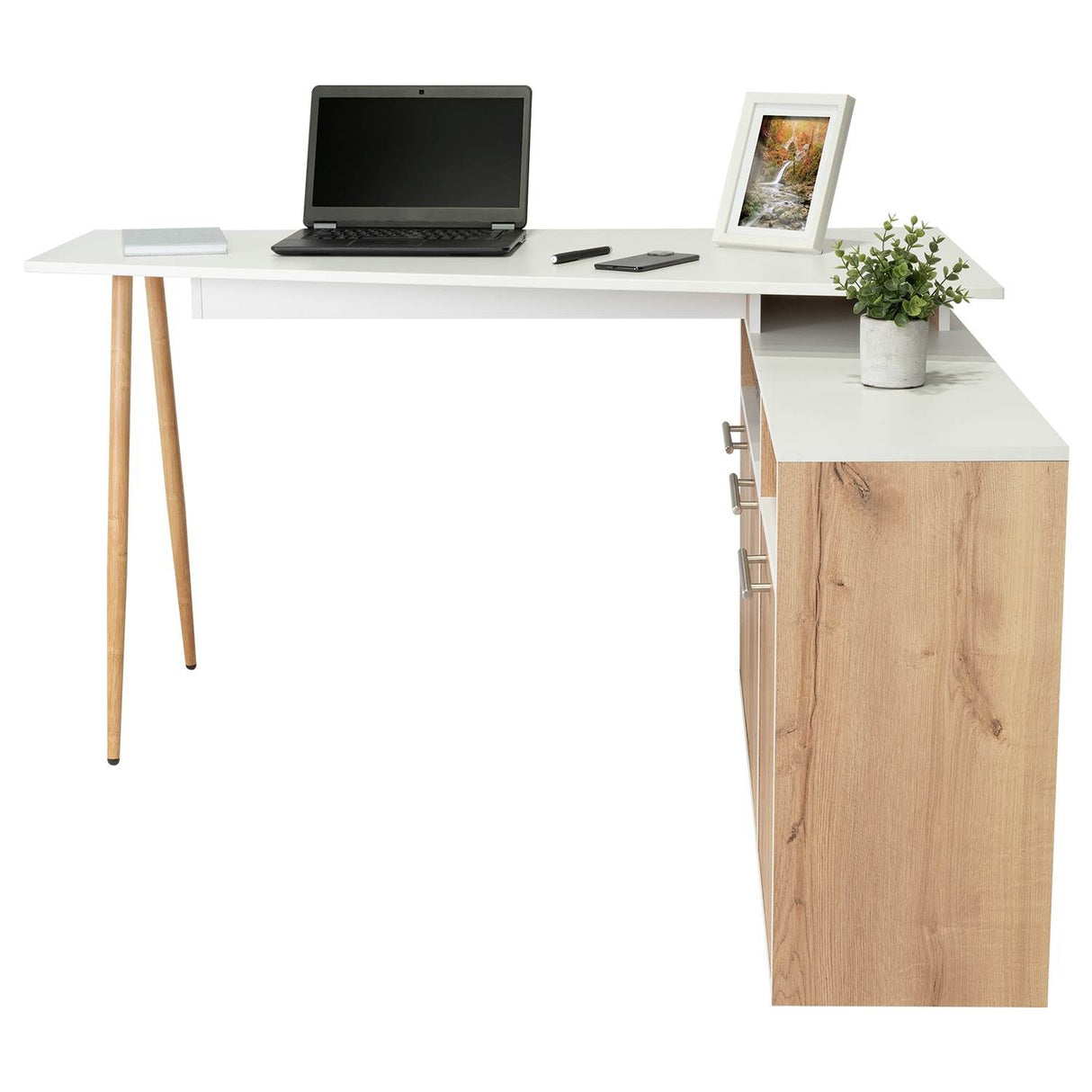 Escritorio en L Singapur Duna y Blanco 130x130cm sin Cajones y con Organizador de Libros - Escritorios | Bylmo