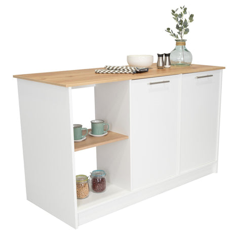 Isla de Cocina Jupiter Blanco y Duna 150x90cm con Tres Entrepaños y con Seis Comportamientos - Cocinas | Bylmo