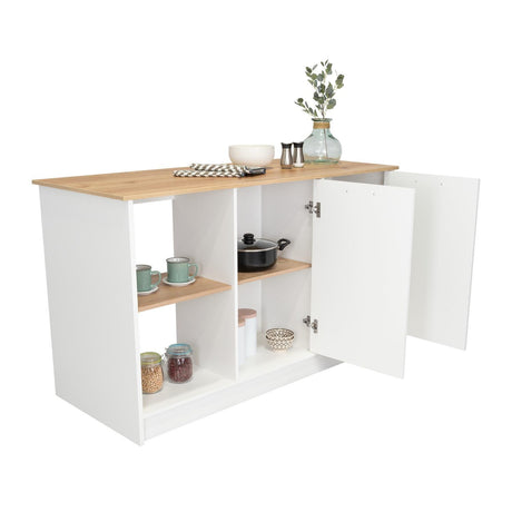 Isla de Cocina Jupiter Blanco y Duna 150x90cm con Tres Entrepaños y con Seis Comportamientos - Cocinas | Bylmo