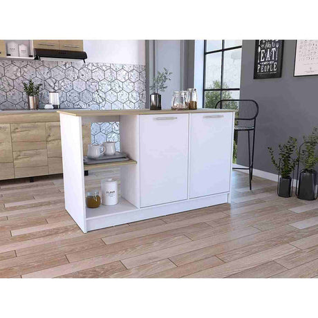 Isla de Cocina Jupiter Blanco y Duna 150x90cm con Tres Entrepaños y con Seis Comportamientos - Cocinas | Bylmo