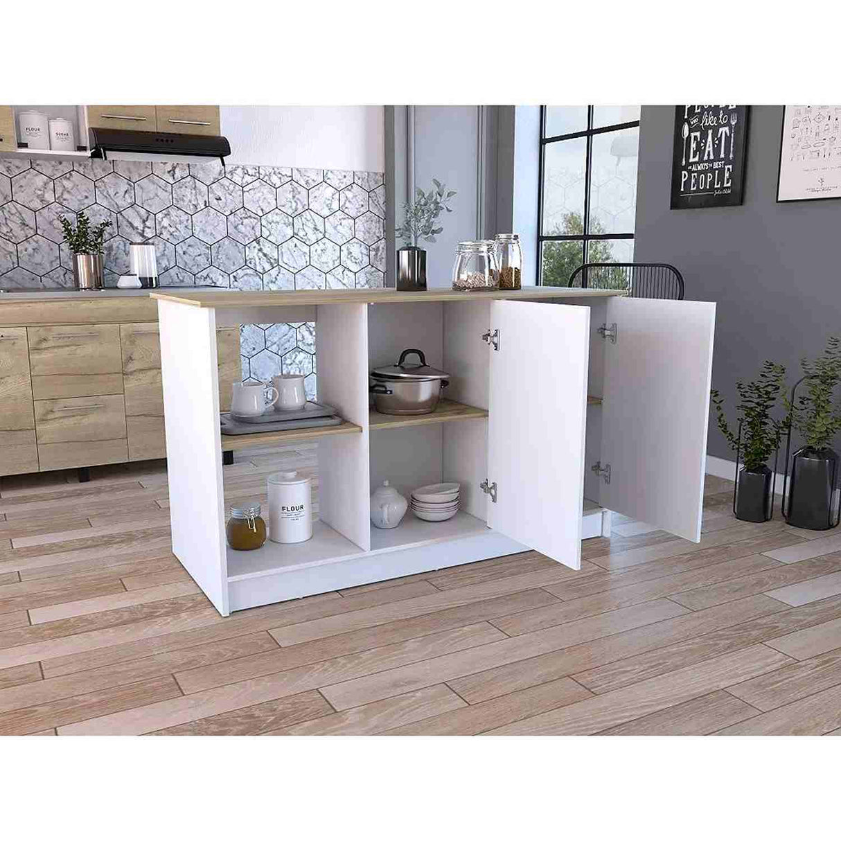 Isla de Cocina Jupiter Blanco y Duna 150x90cm con Tres Entrepaños y con Seis Comportamientos - Cocinas | Bylmo