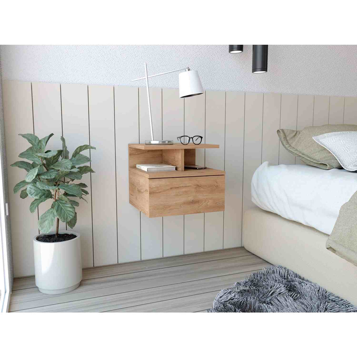 Mesa de Noche Flotante Macadamia 36x30cm con Un Cajón y con Dos Compartimientos - Mesas de Noche | Bylmo