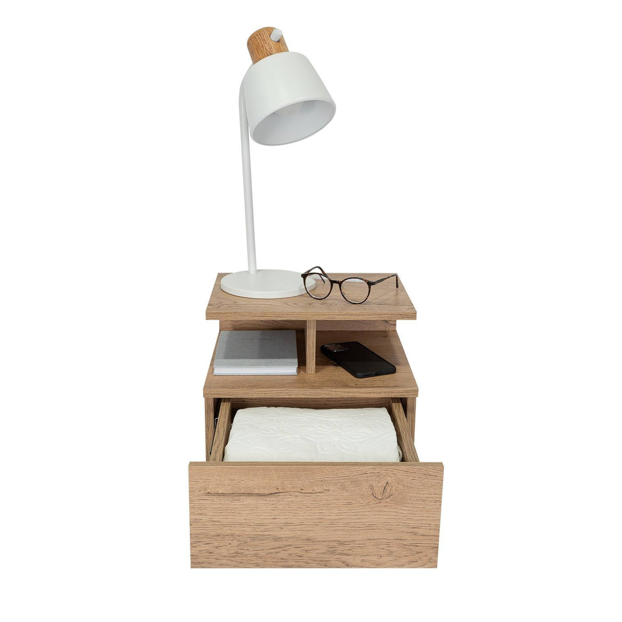 Mesa de Noche Flotante Macadamia 36x30cm con Un Cajón y con Dos Compartimientos - Mesas de Noche | Bylmo