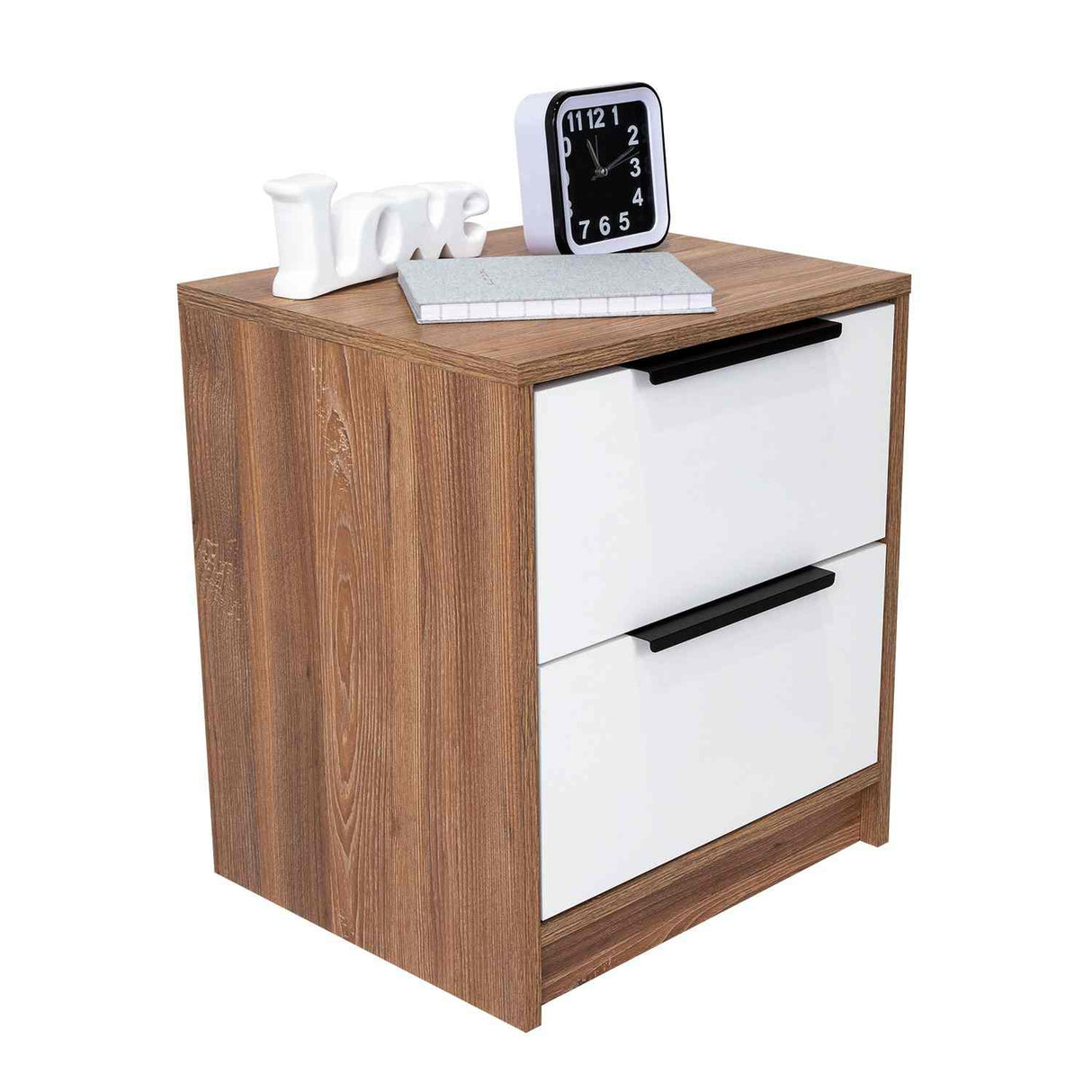 Mesa de Noche Kaia Miel y Blanco 48x41cm con Dos Cajones - Mesas de Noche | Bylmo