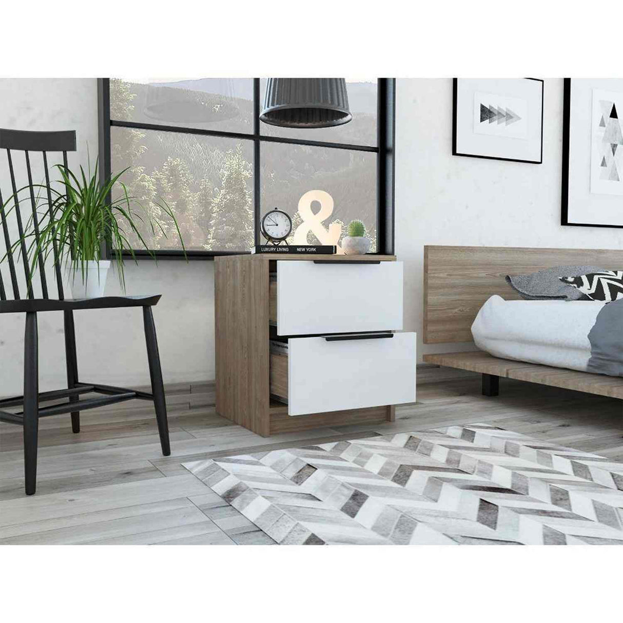 Mesa de Noche Kaia Miel y Blanco 48x41cm con Dos Cajones - Mesas de Noche | Bylmo