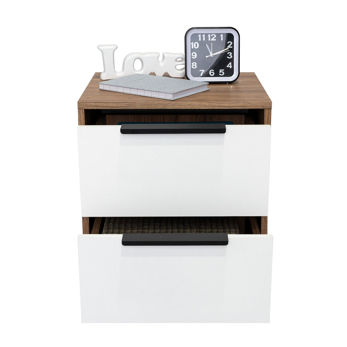 Mesa de Noche Kaia Miel y Blanco 48x41cm con Dos Cajones - Mesas de Noche | Bylmo