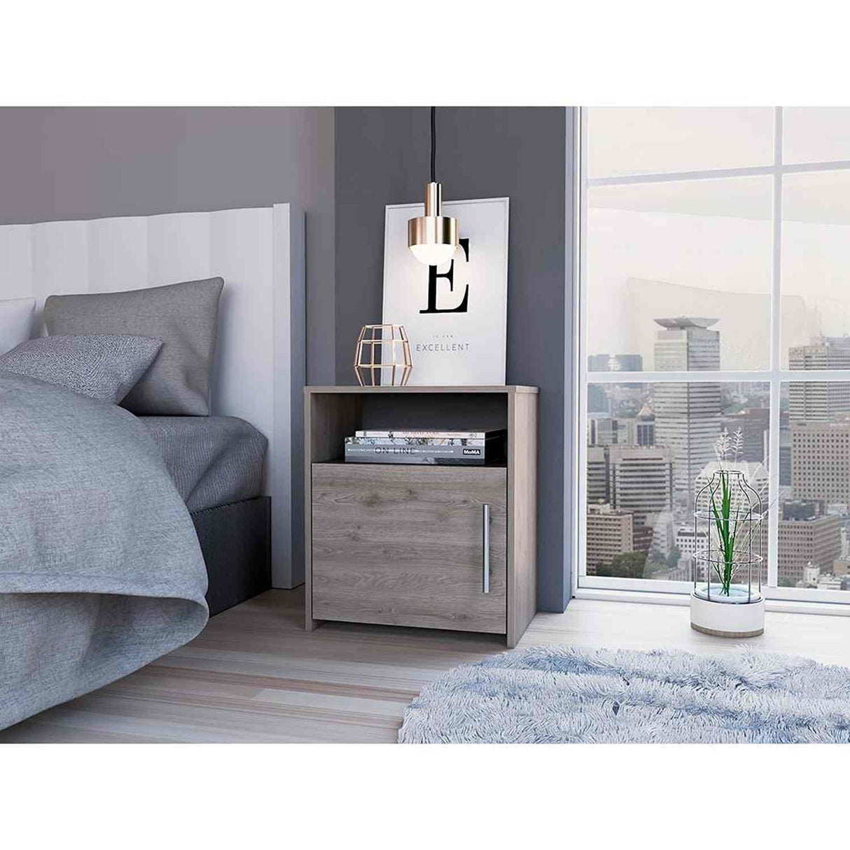 Mesa de Noche Nordico Ceniza 50.5x58cm con Un Compartimiento y con Una Puerta - Mesas de Noche | Bylmo