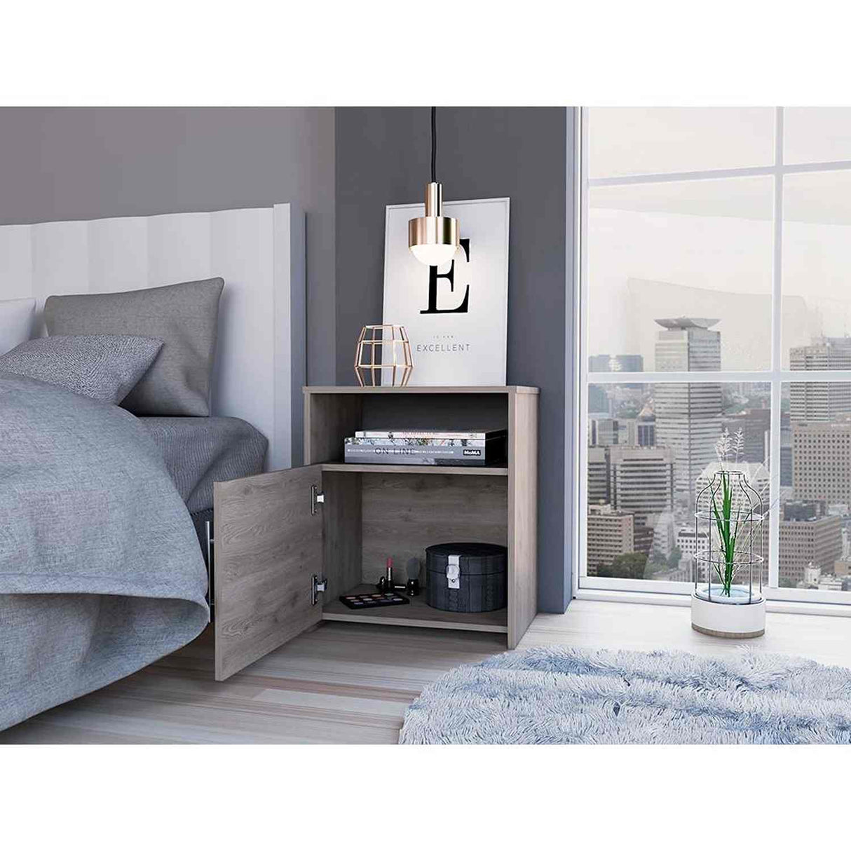 Mesa de Noche Nordico Ceniza 50.5x58cm con Un Compartimiento y con Una Puerta - Mesas de Noche | Bylmo