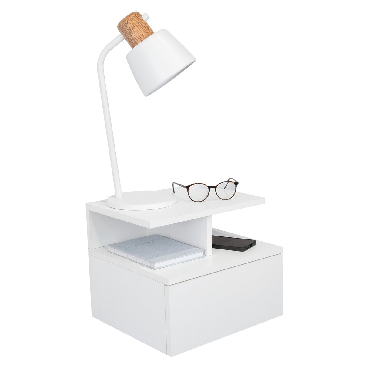 Mesa de Noche Flotante Blanco 36x30cm con Un Cajón y con Dos Compartimientos - Mesas de Noche | Bylmo