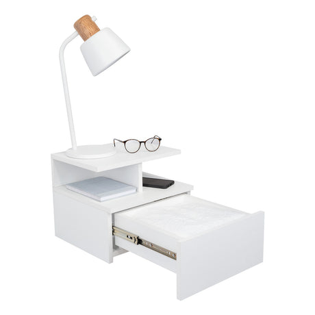 Mesa de Noche Flotante Blanco 36x30cm con Un Cajón y con Dos Compartimientos - Mesas de Noche | Bylmo