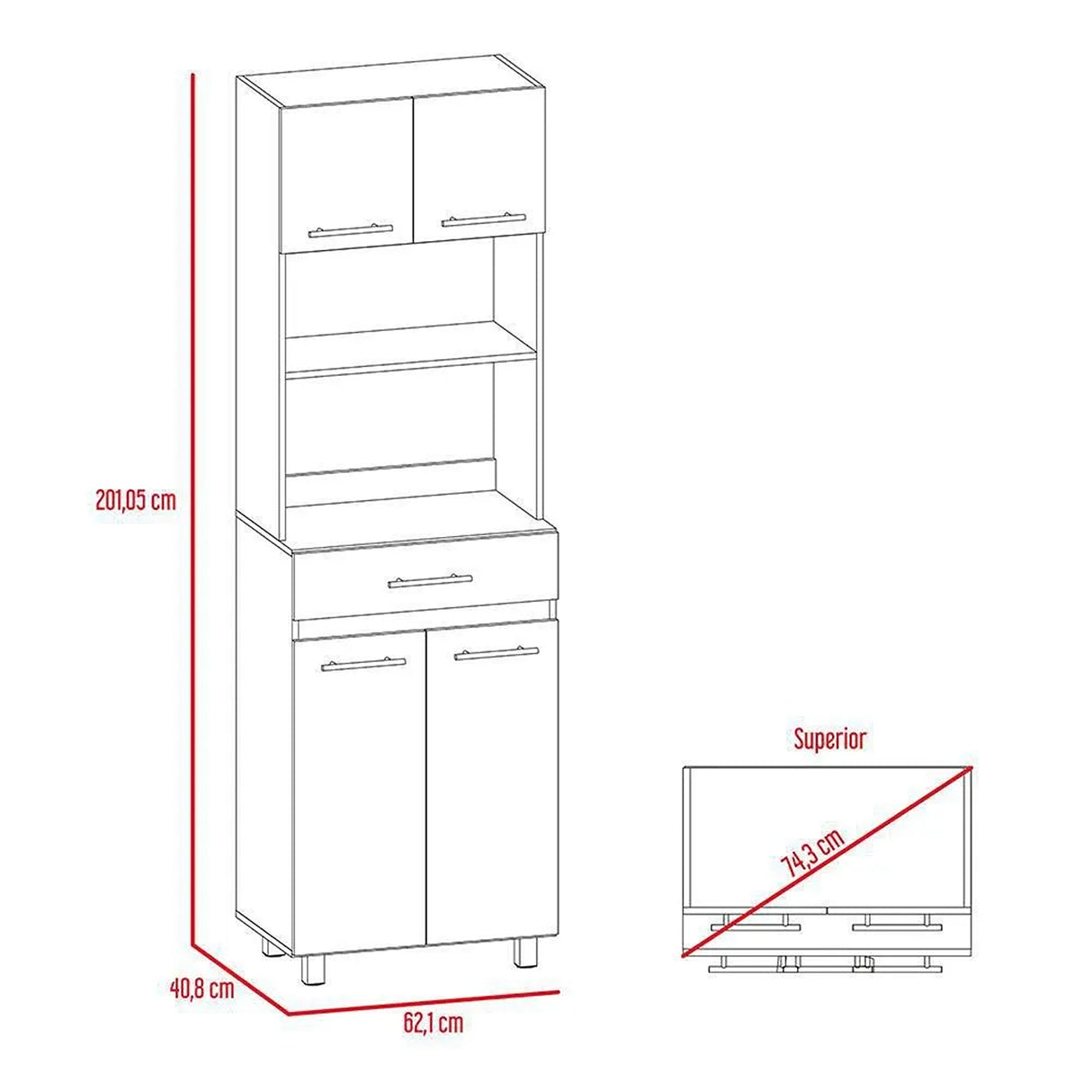 Mueble Microondas Luna Blanco y Bellota 62.1x201.5cm con Un Cajón y con Cuatro Puertas - Muebles Organizadores | Bylmo