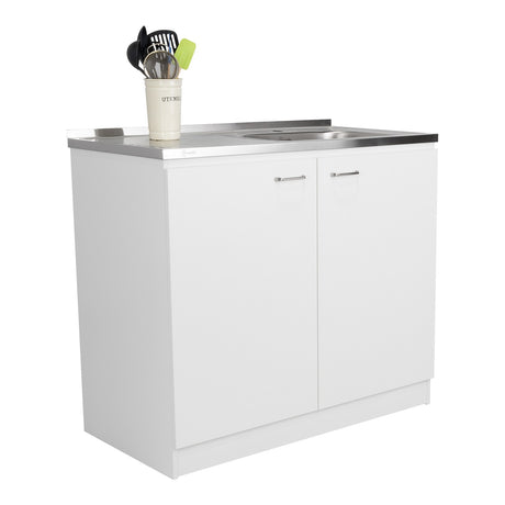 Mueble Inferior Napoles Blanco 100x90cm con Mesón de Acero Inoxidable y con Pozuelo Lado Derecho - Cocinas | Bylmo