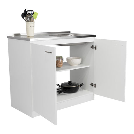 Mueble Inferior Napoles Blanco 100x90cm con Mesón de Acero Inoxidable y con Pozuelo Lado Derecho - Cocinas | Bylmo