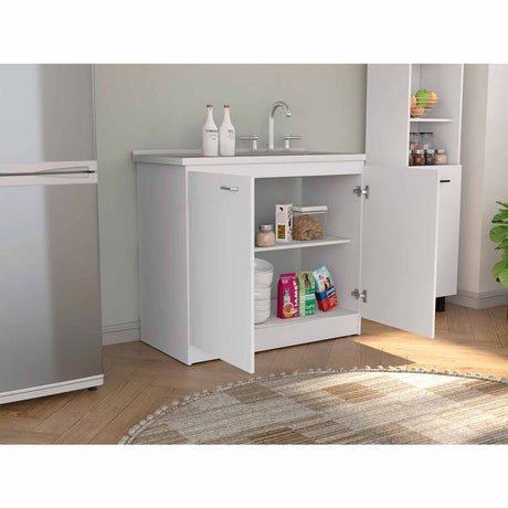 Mueble Inferior Napoles Blanco 100x90cm con Mesón de Acero Inoxidable y con Pozuelo Lado Derecho - Cocinas | Bylmo
