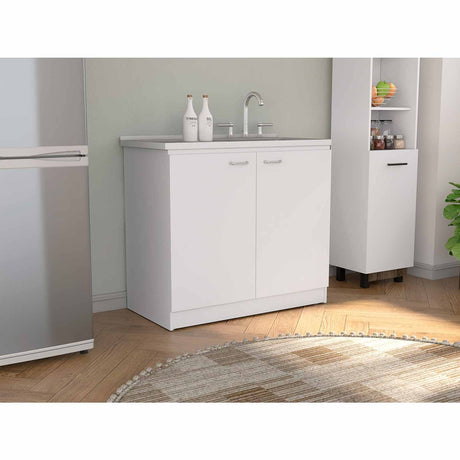 Mueble Inferior Napoles Blanco 100x90cm con Mesón de Acero Inoxidable y con Pozuelo Lado Derecho - Cocinas | Bylmo