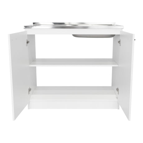 Mueble Inferior Napoles Blanco 100x90cm con Mesón de Acero Inoxidable y con Pozuelo Lado Derecho - Cocinas | Bylmo