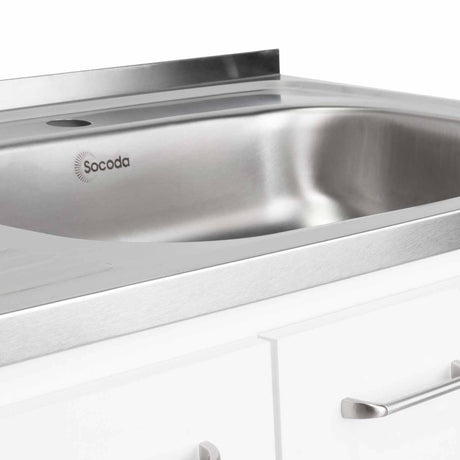 Mueble Inferior Napoles Blanco 100x90cm con Mesón de Acero Inoxidable y con Pozuelo Lado Derecho - Cocinas | Bylmo