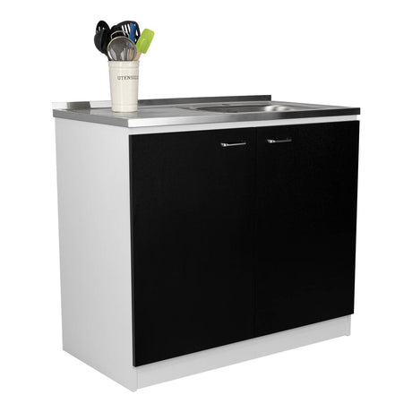 Mueble Inferior Napoles Wengue y Blanco 100x90cm con Mesón de Acero Inoxidable y con Pozuelo Lado Derecho - Cocinas | Bylmo