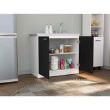 Mueble Inferior Napoles Wengue y Blanco 100x90cm con Mesón de Acero Inoxidable y con Pozuelo Lado Derecho - Cocinas | Bylmo