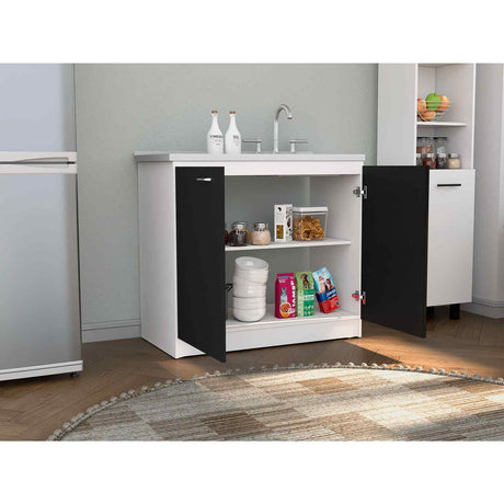 Mueble Inferior Napoles Wengue y Blanco 100x90cm con Mesón de Acero Inoxidable y con Pozuelo Lado Derecho - Cocinas | Bylmo