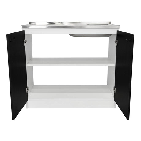 Mueble Inferior Napoles Wengue y Blanco 100x90cm con Mesón de Acero Inoxidable y con Pozuelo Lado Derecho - Cocinas | Bylmo