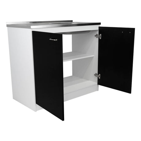 Mueble Inferior Napoles Wengue y Blanco 100x90cm con Mesón de Acero Inoxidable y con Pozuelo Lado Derecho - Cocinas | Bylmo
