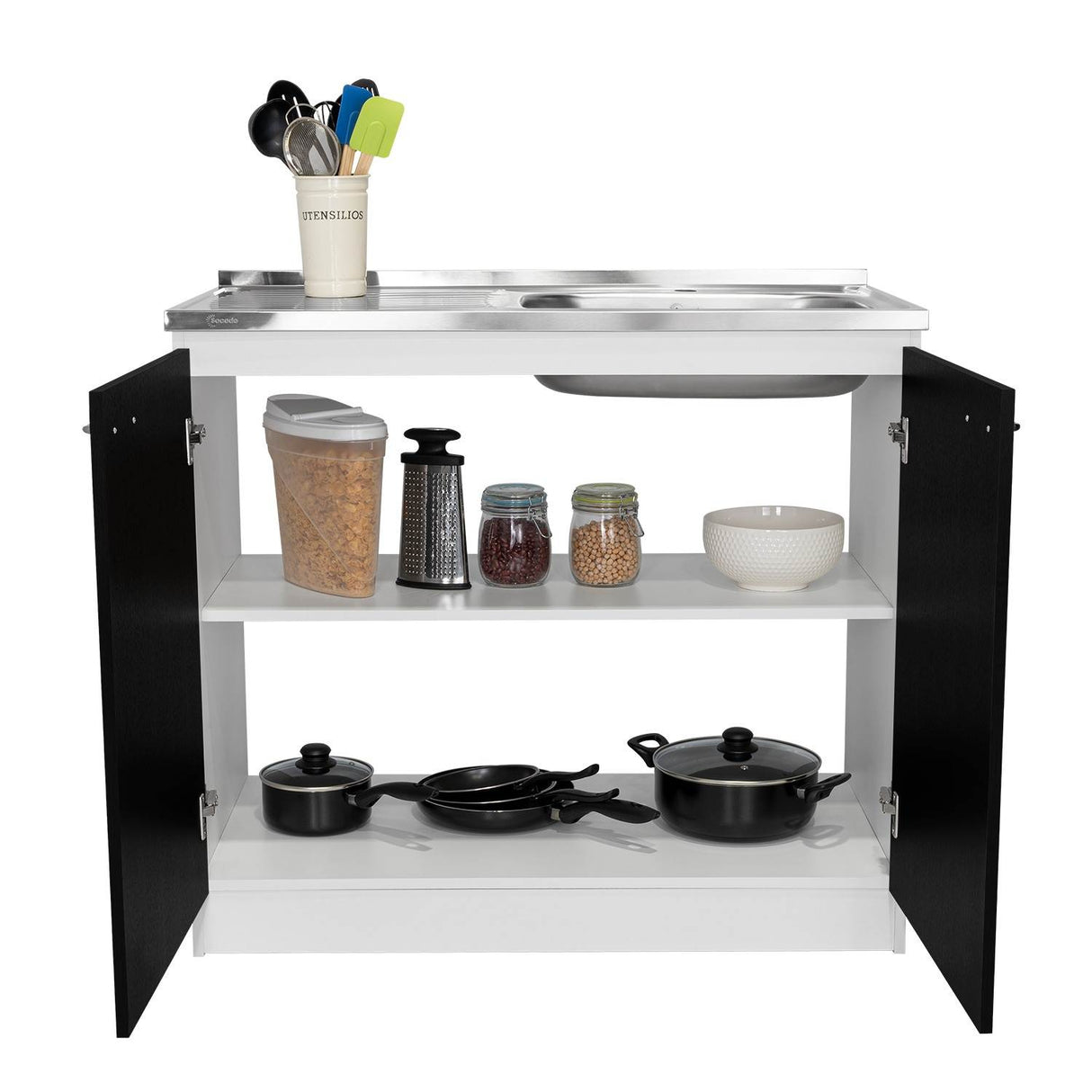 Mueble Inferior Napoles Wengue y Blanco 100x90cm con Mesón de Acero Inoxidable y con Pozuelo Lado Derecho - Cocinas | Bylmo