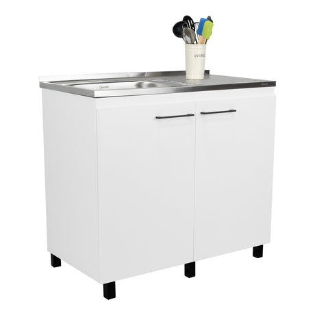 Mueble Inferior Napoles Blanco 100x89cm con Mesón de Acero Inoxidable y con Pozuelo Lado Izquierdo - Muebles Inferiores | Bylmo